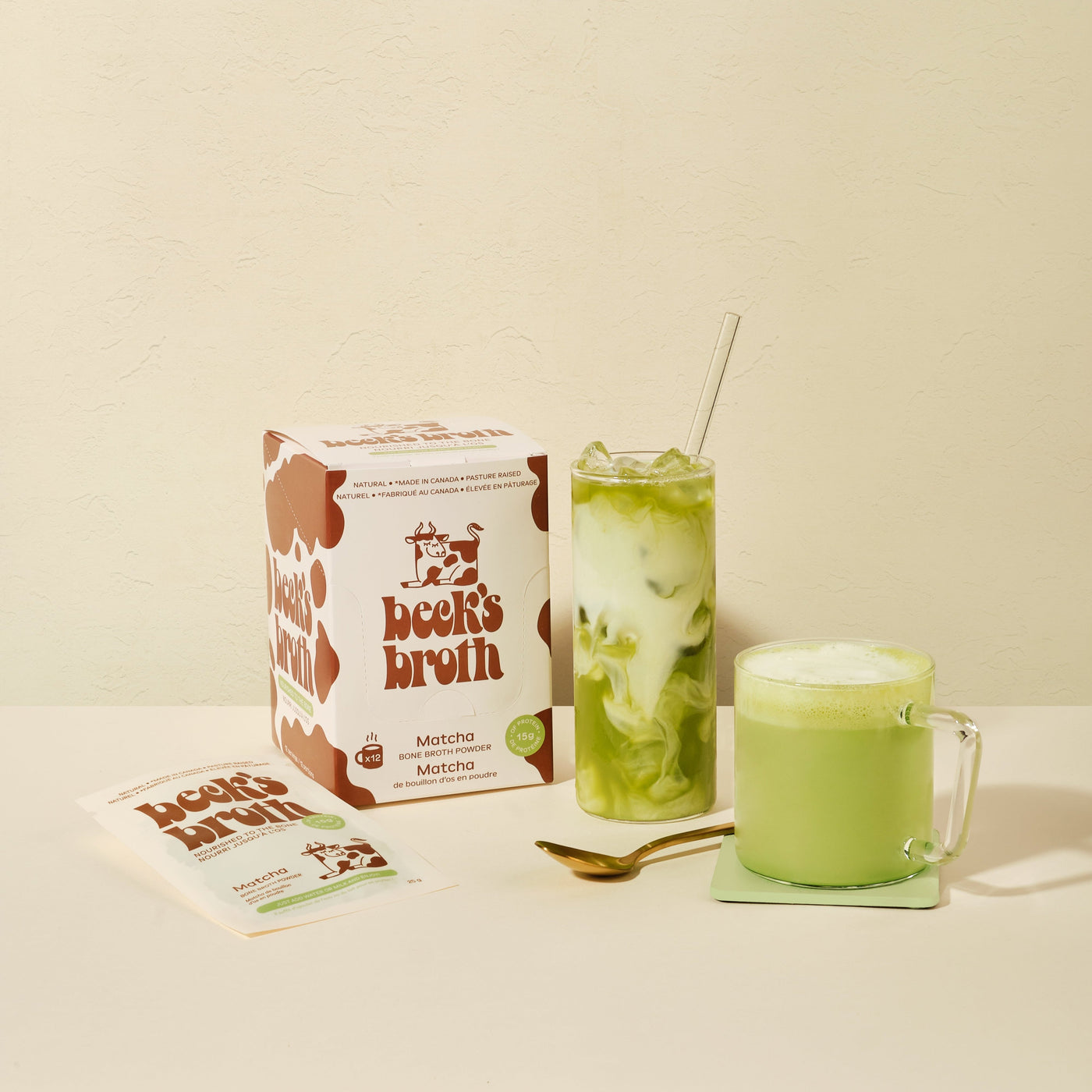 Beck's broth bone broth matcha iced and hot matcha