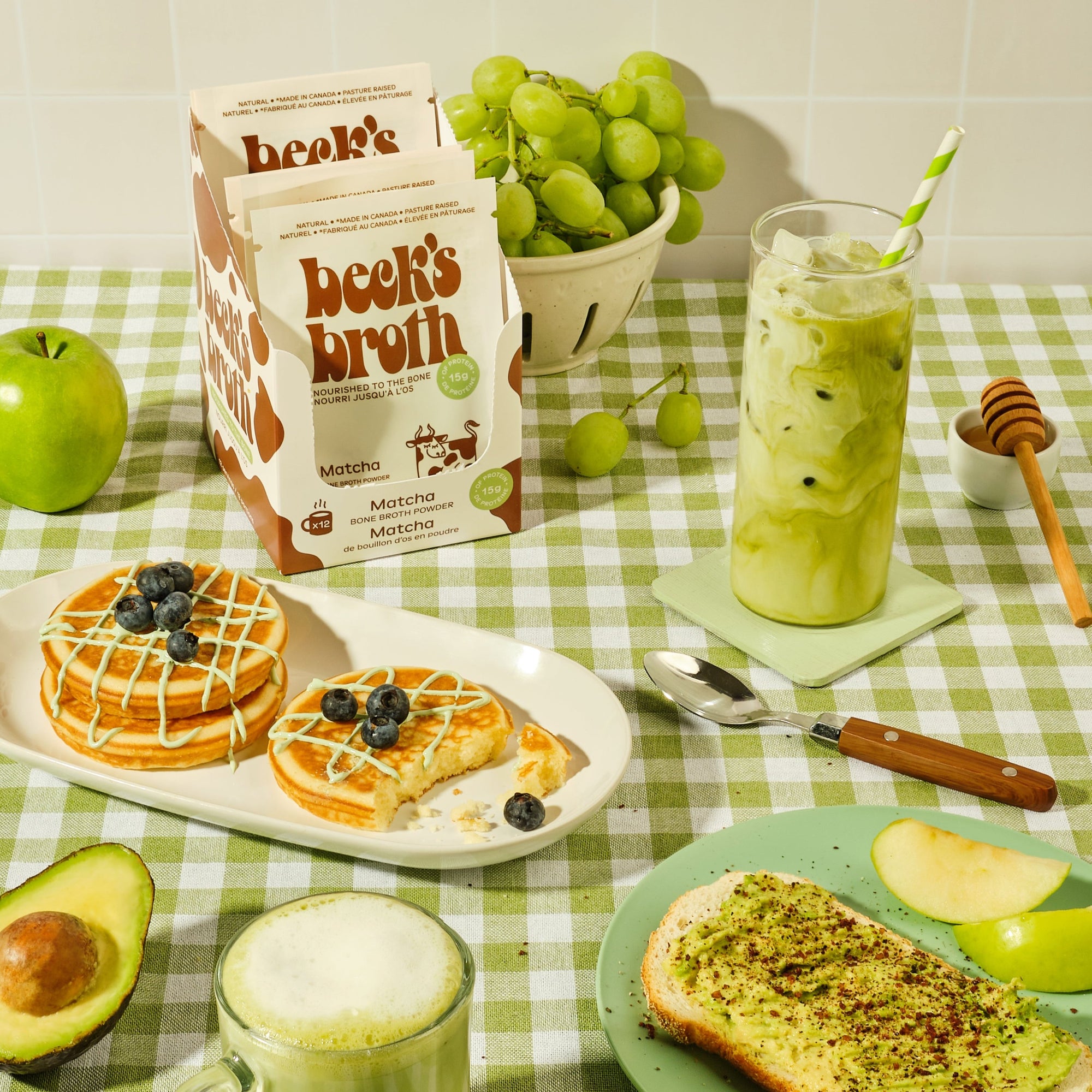 Bone broth matcha breakfast table